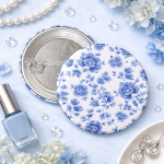 Pin Bros Buttons Tema Tiny Blue French Toile Floral Pattern Size 75mm
